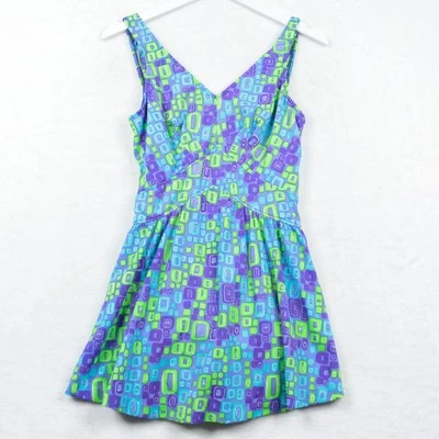 MAXINE OF HOLLYWOOD Geometric Swim Dress Retro Vibrant Pin Up Blue VTG 90s Sz 14 - Image 1 of 4