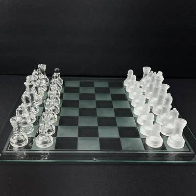 Vintage Glass Chess Set with Glass Board Frosted & Clear 3" Kings No Box 14"x14" - Image 1 of 4