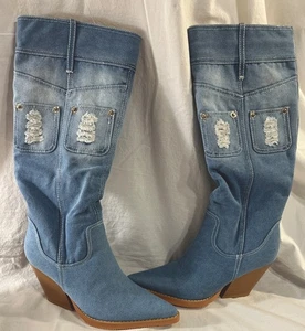 Vivianly 7M Knee High Pointed Toe Block Heel Western Blue Denim Women’s Boots NU - Picture 1 of 7