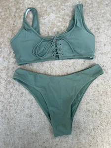 Unbranded 2-Piece Swimsuit Bathing Suit Bikini Green Size 10 L Lace Up - Picture 1 of 7
