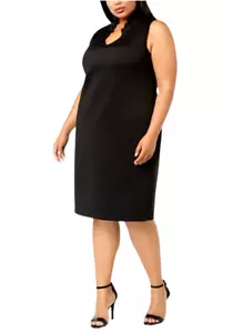 Calvin Klein Women's Sheath Dress 22W Black Ruffle V-Neck Sleeveless Scuba Knit - Picture 1 of 11