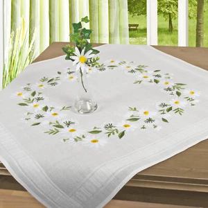 STICK-TISCHDECKE MIT GARN - MARGERITEN in WEIß - PLATTSTICH - VORGEZ - 80x80cm - Bild 1 von 2