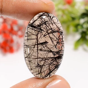 Natural Black Rutile Quartz Oval Shape Cabochon Loose Gemstone 27.5 Ct 29X18X6mm - Picture 1 of 4