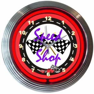 Checkered Racing Flag Speed Shop Red Neon Hanging Wall Clock 15" Diameter 8SPEED - Picture 1 of 1