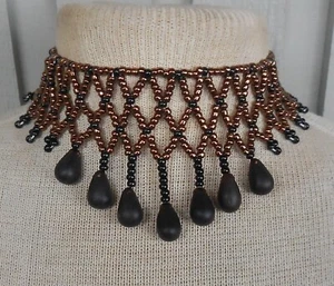 Netted Weave Beaded Adjustable Necklace with Glass Drop Beads Native Inspired - Picture 1 of 9