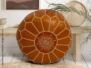 Moroccan Handmade Genuine Leather Boho Pouf Ottoman Footstool Pouffe TAN - Picture 1 of 8