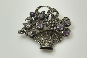 925 Sterling Silver Purple Stone Floral Basket Brooch 19.6 Grams (PEN8150)