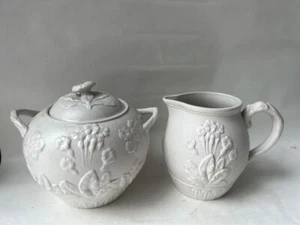 Antiguo gres esmaltado salino inglés Staffordshire crema y azucarero cubierto - Imagen 1 de 24
