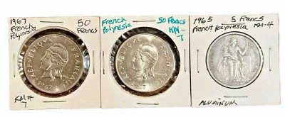 Moedas de 50 francos polinésia francesa 2 - 1967 + 1965 5 francos de alumínio - Imagem 1 de 2