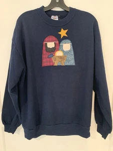 Jerzees Nu Blend Sweatshirt Size XL Patchwork Manger Scene Navy Blue - Picture 1 of 5