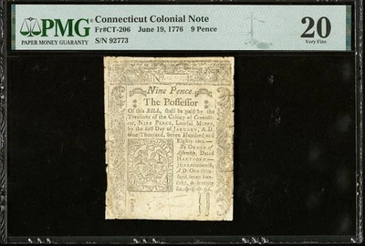 1776 Connecticut American Revolution Colonial Currency Bank Note, CT-206, PMG 20 - Image 1 of 4
