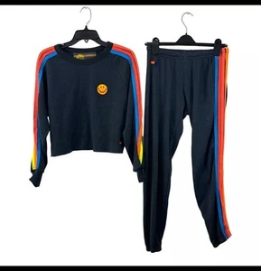 Aviator Nation Smiley Crop Sweatshirt & Sweatpants Set Size S Navy Blue Rainbow - Picture 1 of 11