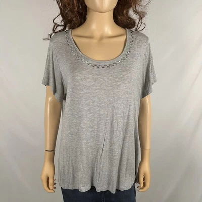 Jaclyn Smith Gray Beaded Short Sleeve Blouse Top Shirt 1X Business Casual Scoop - Image 1 of 4