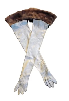 26 " White Kid Leather Wedding Formal Gloves  White Mink Cuff 7. 5 Mint Elegant - Image 1 of 4