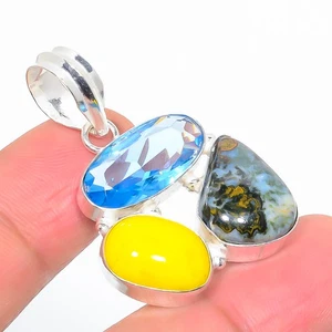 Tree Agate, Iolite Gemstone 925 Solid Sterling Silver Jewelry Pendant 1.58" K147 - Picture 1 of 2