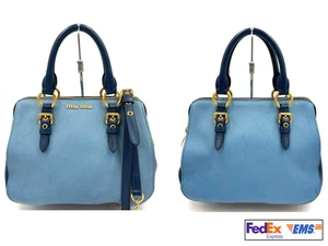 MIU MIU Madras Leather 2Way Blue Handbag Shoulder Bag Bicolor Gold Hardware - Picture 1 of 14