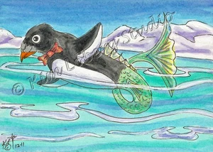 Meer Pinguin Hippocampus Fliege Aceo EBSQ Kim Loberg Fantasy Mini Kunst Vogel Fisch - Bild 1 von 3