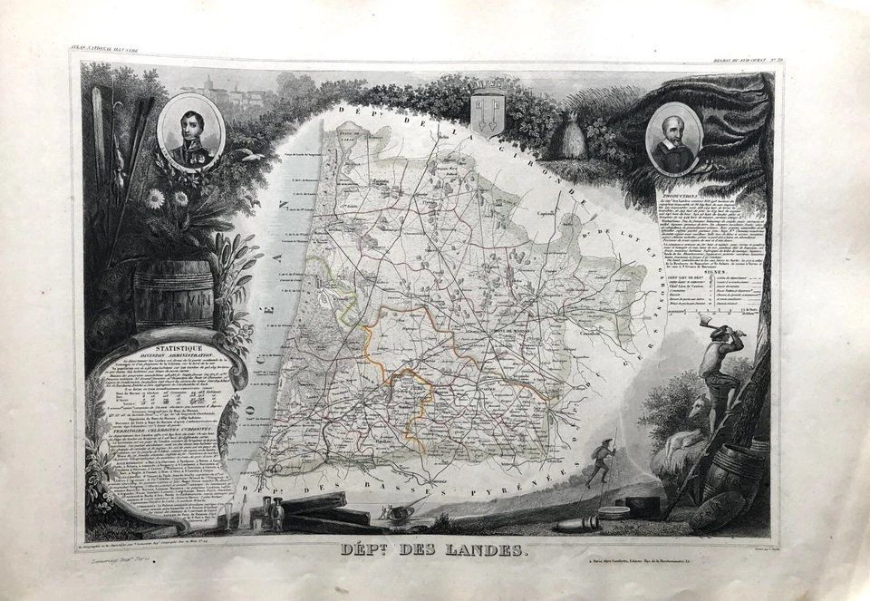 Grande carte XIXe département des LANDES (vers 1850) NOUVELLE AQUITAINE - Photo 1/1