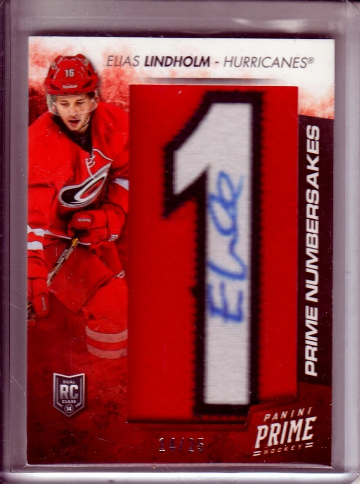 2013-14 Panini Prime Autographs Patch Elias Lindholm /25 - Hurricanes Flames RC - Image 1 of 1