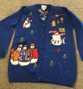 Vintage Quaker Factory Christmas Sweater Knit Cardigan Snowman Blue Small - Picture 1 of 6