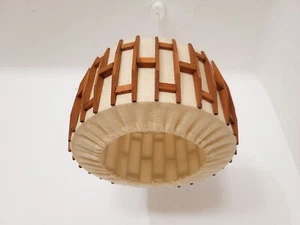 TEMDE teak wood fabric ceiling pendant hanging lamp Vintage Mid Century 60s 70s - Picture 1 of 7