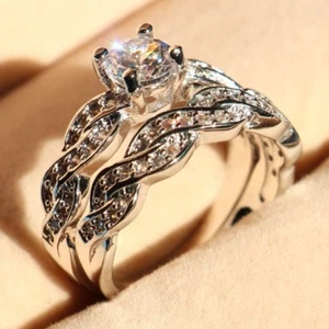 Juegos de anillos de compromiso de topacio de corte redondo para mujer joyería plata 925 boda talla 6-10 - Imagen 1 de 9