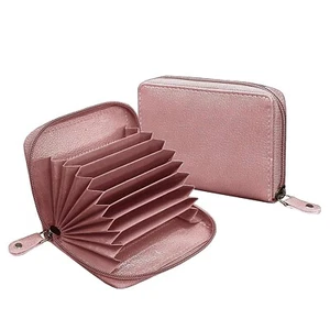 Leather Wallet Lightweight Card Case Holder For Unisex Zipper 7 Card Slots Pink - Picture 1 of 7