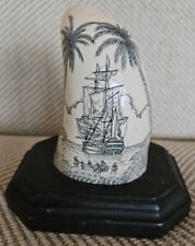 Scrimshaw Faux Whale Tooth Tall Ship With Boat Landing On Shore On Wooden Base