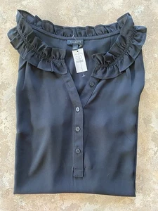 NEW TALBOTS Womens S Black Sleeveless 1/2 Button Ruffle Trim Silky Blouse - Picture 1 of 6