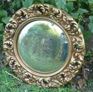 LOVELY ROUND GILDED MIRROR CONVEX GLASS PLASTER FRAME 1950S SUNBURST MIRROR - Picture 1 of 14