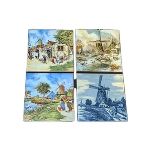 Vintage Lot Of 4 Tiles Holland Ter Steege JC Van Hunnik Colorful Royal Moss Blue - Picture 1 of 14