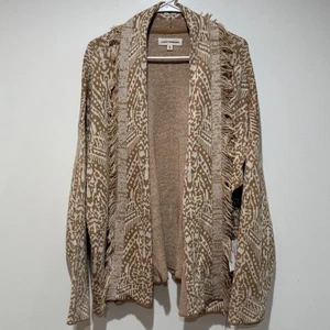 New Lucky Brand Fringe Cardigan Sweater XL Tan Neutral Western Rodeo Boho Open - Picture 1 of 8