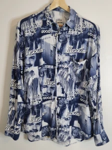 Iconic 90's Vintage Moschino Jeans 'Franco' Print Graphic Blue Shirt Size Medium - Picture 1 of 11