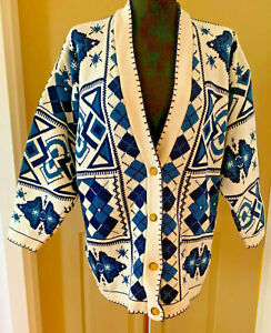 Vintage probably 80s UK made blue and white cardigan size 16 18