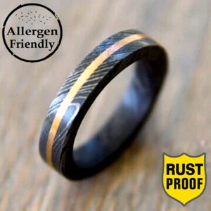 Customized 4mm Delicate Brass Inlay Damascus Steel Flat Ring Men's Engagement - Picture 1 of 9