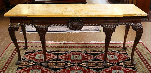 19th Century Irish Chippendale Carved Mahogany Marble Top Console Sideboard Cover