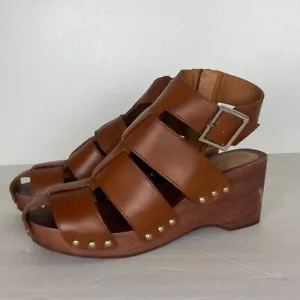 Anthropologie Kelsi Dagger Brooklyn Jasper Wool Wedge Sandals 7.5 Brown Studded - Picture 1 of 12