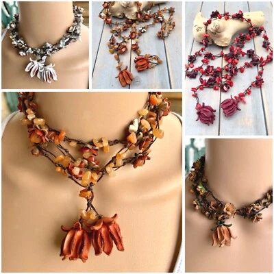 Kette Leder Blüten Halbedelsteine Baumwolle gewachst 118 cm - 127 cm Boho Ethno - Bild 1 von 4