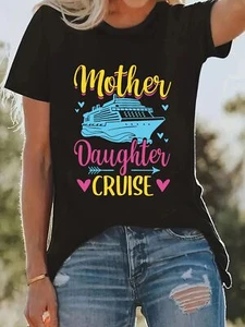 Ship Cruise Print T-shirt, Casual Crew Neck Short Sleeve Top, Women's Clothing - Picture 1 of 12