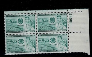 US Scott #1005, Plate Block #24581 1952 4-H Club 3c FVF MNH Upper Right - Picture 1 of 1