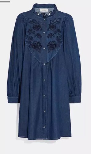 Abito denim Coach ricamato a maniche lunghe da donna taglia 6 Six