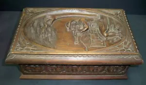 Antique Vintage Carved Wooden Box Man Playing Flute or Horn Signed E. Bayon - Picture 1 of 12