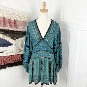 Free People Luna Scarf Print Tunic Top Bohemian V-Neck Long Sleeve Blue Green S - Picture 1 of 10