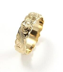 14K YELLOW GOLD HAND ENGRAVED HAWAIIAN PLUMERIA SCROLL BAND RING CUT OUT 6MM