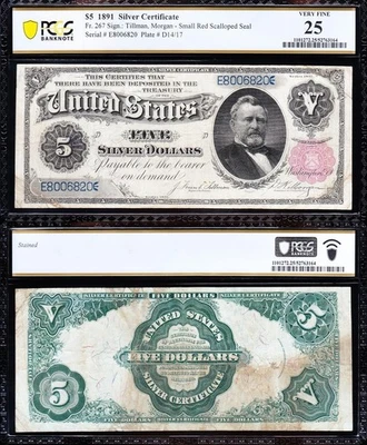 VERY NICE Bold & Crisp VF+ 1891 $5 "GRANT" Silver Certificate! PCGS 25! 06820 - Image 1 of 3