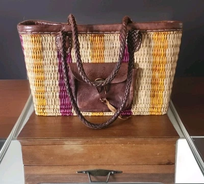 Handmade Large Woven Seagrass Straw & Leather Tote Bag Striped Handbag Carry All - Image 1 of 4