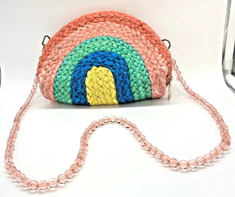 J Crew Crewcuts Niñas Arco Iris Rafia Tejido Cartera Con Cuentas Correa Bolso de Paja Verano Foto 1 de 4