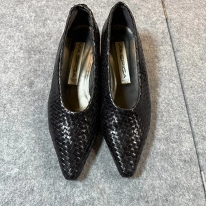 Via Spiga Womens US 8B Pumps Black Woven Leather Pointed Toe Slip On Cuban Heel - Picture 1 of 5