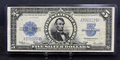 1923 Lg Size $5 Silver Certificate Lincoln Porthole VF (B144) - Image 1 of 2