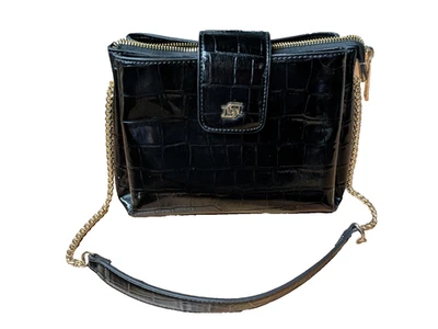 Dune London Black Faux Leather Croc Print Shoulder Bag Gold Chain, CF - Image 1 of 4